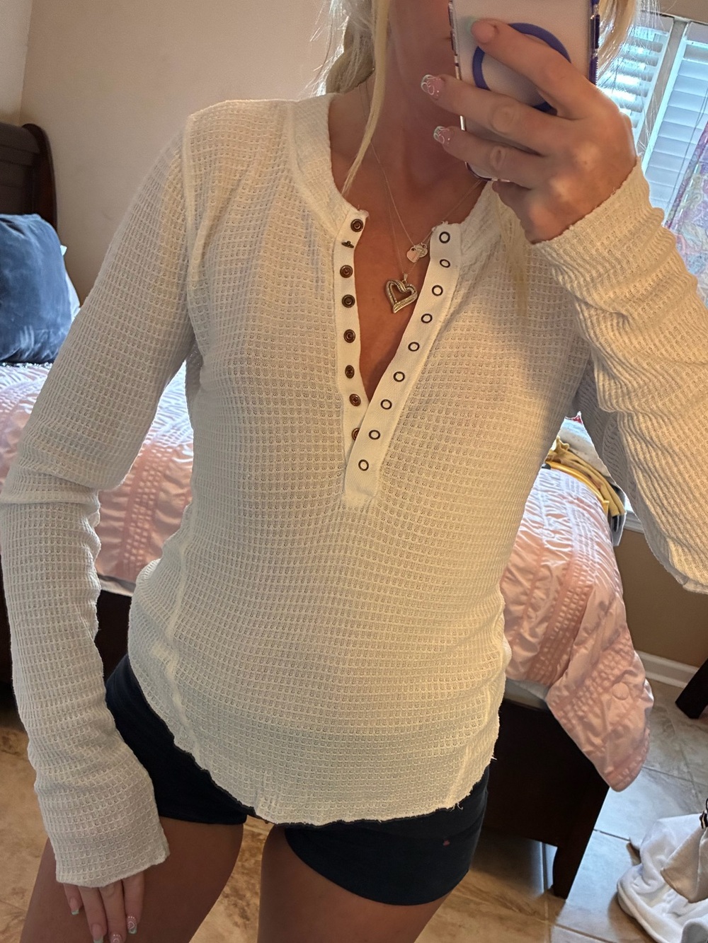 Boho, Free People Cream Waffle Henley, Long Sleeve